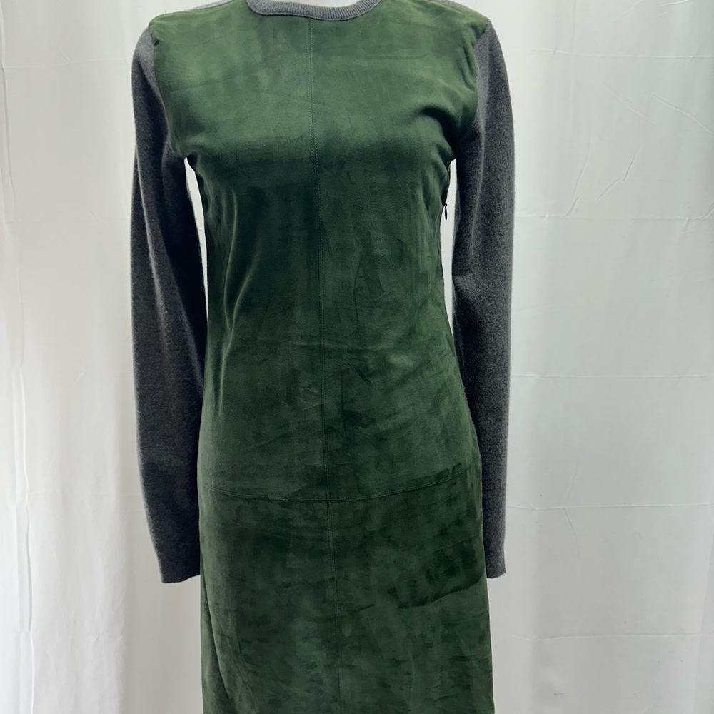 Ralph Lauren Forest Green Suede-Front Midi Dress with Gray Knit Sleeves